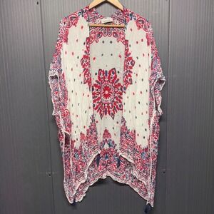 Quagga Kimono Wrap Red White Blue Paisley Bandana Print Tassel Cover Up OS